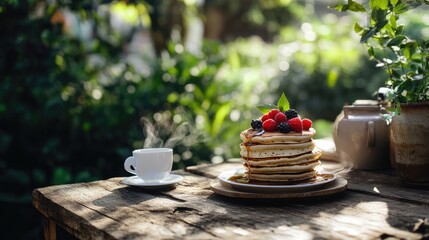 Poster - Homemade pancakes topped with fresh berries and syrup served with coffee in a serene outdoor setting on a rustic wooden table