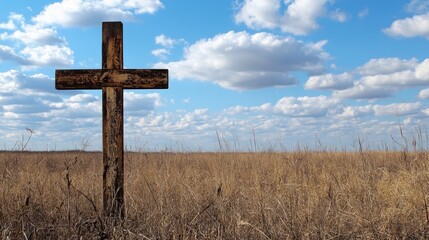 Weathered cross standing in a vast golden field under a blue sky with fluffy clouds symbolizing faith and tranquility in nature.