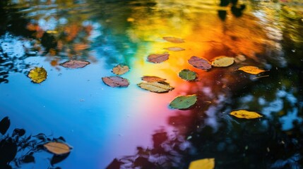 Poster - Vibrant Rainbow Reflection on Water Surface Surrounded by Autumn Leaves