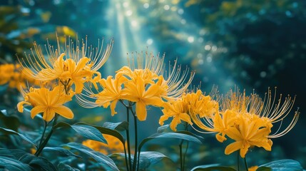 Aufkleber - Stunning yellow flowers illuminated by soft sunlight in a tranquil garden setting showcasing nature's beauty and vibrancy.
