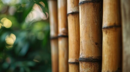 Aufkleber - Bamboo stakes arranged vertically showcasing their natural texture in a green garden setting emphasizing sustainability and design elements