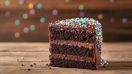 Aufkleber - Chocolate cake slice with rich icing and colorful sprinkles on rustic wooden table background showcasing tempting dessert presentation.