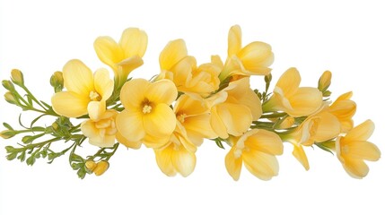 Poster - Vibrant yellow freesia flowers arranged gracefully against a clean white background perfect for floral design and nature-themed projects.
