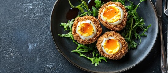 Aufkleber - Crispy scotch eggs plated on arugula with blank space for text perfect for food promotion and culinary advertisements