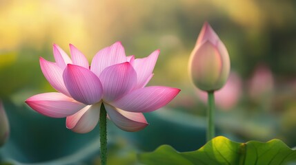 Poster - Delicate pink lotus flower illuminated by soft light highlighting its vibrant colors and graceful petals ideal for nature themes and serenity.