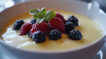 Poster - Bowl of creamy porridge garnished with vibrant fresh berries and mint leaves for a healthy breakfast option