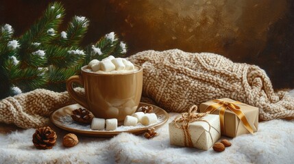 Poster - Cozy still life with cocoa coffee topped with marshmallows surrounded by nuts and gifts on a knitted blanket with fir branch accents