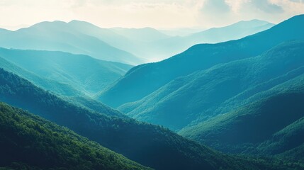 Poster - Serene mountain valley landscape with layered hills and soft mist ideal for text overlay or promotional content