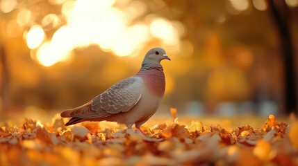Poster - Dove standing gracefully on autumn leaves during the evening with soft bokeh background and warm golden light