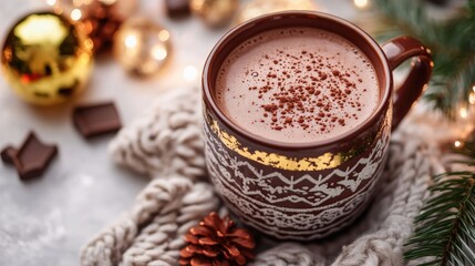 Poster - Warm festive mug of hot chocolate with toppings surrounded by winter decorations and cozy knitted texture for holiday ambiance