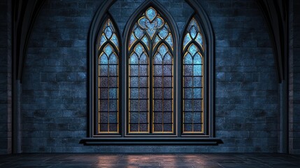 Leinwandbilder - Gothic Cathedral Stained Glass Window Illuminated in Dark Stone Interior with Empty Space for Text or Design Elements