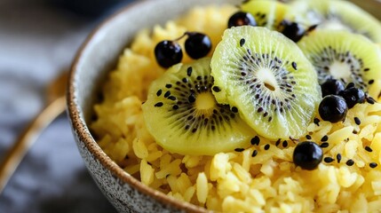 Poster - Bowl of vibrant yellow rice garnished with fresh kiwi slices and black currants showcasing a delicious and nutritious meal option