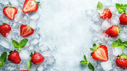 Poster - Fresh strawberries and mint leaves on crushed ice with a summer backdrop for refreshing drink or dessert concepts