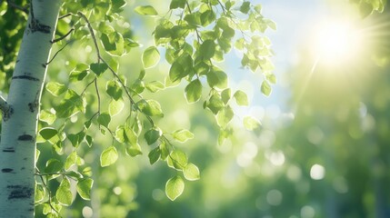 Poster - Lush green birch tree leaves illuminated by sunlight in a serene summer setting depicting nature's beauty and tranquility