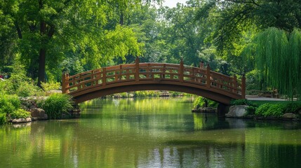Aufkleber - Serene park landscape with wooden bridge over tranquil water surrounded by lush greenery and reflection in calm pond