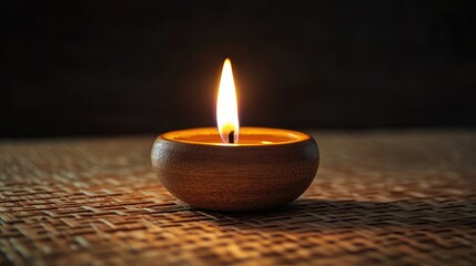 Fototapete - Elegant bamboo oil lamp with a warm flame set against a dark background creating a serene and cozy ambiance for home decor.