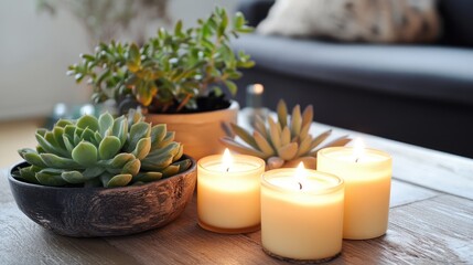 Poster - Candles and succulent plants create a cozy home interior ambiance on a stylish coffee table setup