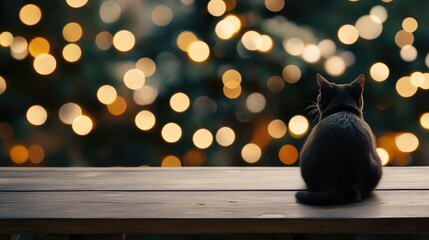 Poster - Black cat sitting on wooden table gazing at blurred Christmas tree lights with bokeh effect and ample copyspace for festive text