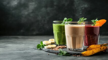 Poster - Fresh banana smoothies in glasses with fruits and mint on a dark background showcasing healthy ingredients and vibrant colors