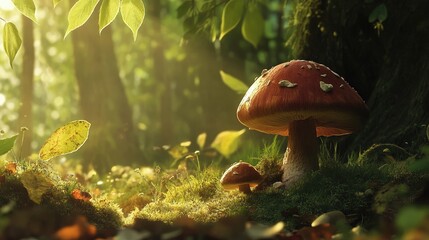 Poster - Boletus Edulis mushroom in a serene forest setting with soft sunlight and lush greenery surrounding it