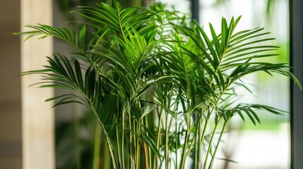 Poster - Bamboo palm ornamental plants enhancing interior decor with lush green foliage and a touch of natural elegance in modern homes