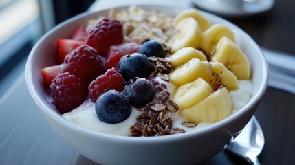 Poster - Healthy breakfast bowl with yogurt topped with fresh fruit berries and granola on a wooden table in a cafe setting.