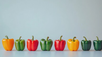 Aufkleber - Vibrant Arrangement of Red Yellow and Green Bell Peppers on a Light Background Displaying Freshness and Healthy Eating Choices