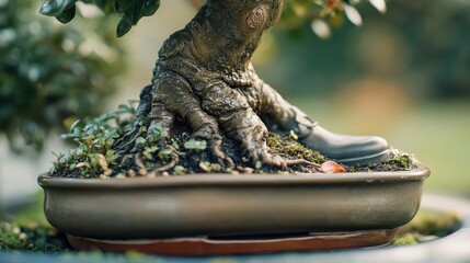 Poster - Bonsai tree in a decorative pot showcasing intricate roots and lush greenery for gardening and home decor inspiration