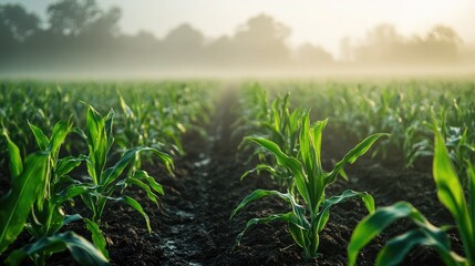 Aufkleber - Morning fog over lush cornfield close-up showcasing vibrant green leaves and rich soil illuminating early agricultural beauty.