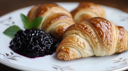 Poster - Freshly baked croissants served with rich homemade blackberry jam on an elegant plate with mint leaves for a delightful breakfast experience