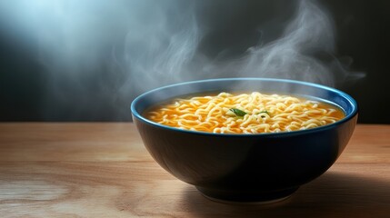 Poster - Steaming Bowl of Delicious Noodle Soup on a Rustic Wooden Table with Aromatic Steam Rising