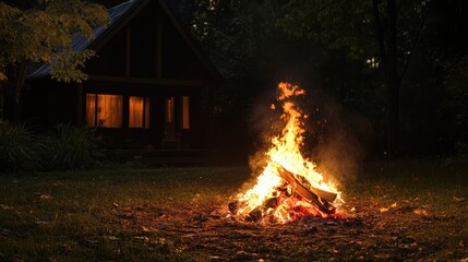 Aufkleber - Cozy bonfire illuminating the night in front of a rustic house surrounded by nature and trees creating a warm inviting atmosphere.