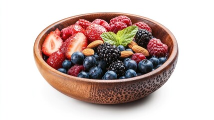 Aufkleber - Delicious bowl of oatmeal porridge topped with fresh berries and nuts on a white background showcasing healthy eating and breakfast options