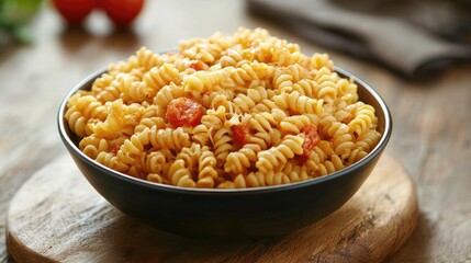 Poster - Fusilli Pasta with Fresh Tomatoes in a Black Bowl on Rustic Wooden Surface