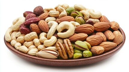 Poster - Assorted Roasted Nuts in a Brown Bowl Including Almonds Cashews Pistachios Brazil Nuts Walnuts and Peanuts on a White Background