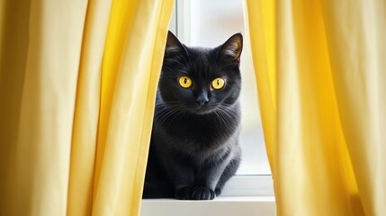Fototapete - Black cat resting on a windowsill through yellow curtains creating a cozy indoor atmosphere with ample copy space for text or messages