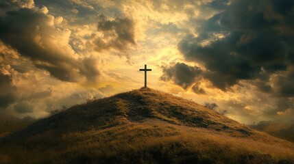 Aufkleber - Cross standing majestically atop a serene hill under a dramatic sky at sunset with clouds illuminating the landscape.