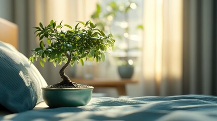 Aufkleber - Bonsai tree on bedside table in serene bedroom setting with natural light and soft linens creating a peaceful atmosphere.