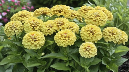 Poster - Vibrant yellow zinnia flowers blooming in a lush garden surrounded by green foliage and colorful blossoms.