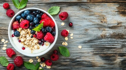 Poster - Healthy breakfast bowl of oatmeal topped with fresh berries and mint on a rustic wooden table setting