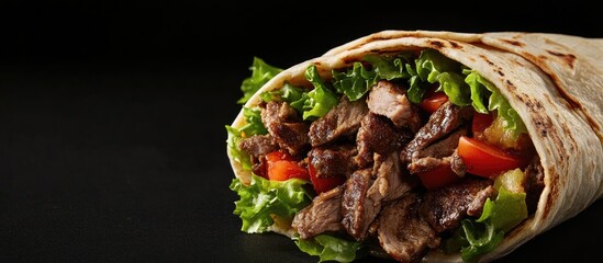 Poster - Savory shawarma wrapped in pita with fresh lettuce and vibrant vegetables ideal for promotional food advertising or menus
