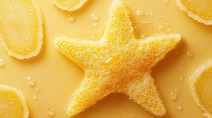 Poster - Star-shaped sponge on a yellow background surrounded by lemon slices, displaying a vibrant and refreshing aesthetic for food presentation.