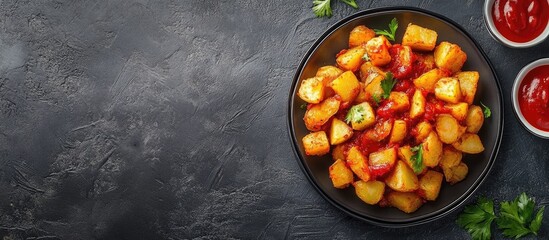 Poster - Spicy potatoes served in a bowl with sauces on the side and space for text in a vibrant street food setting