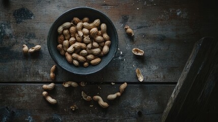 Poster - Bowl of roasted peanuts on rustic wooden table with scattered empty shells and whole peanuts creating a cozy nostalgic atmosphere