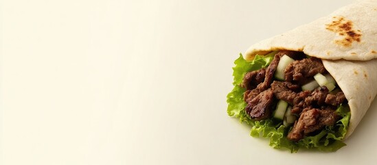 Poster - Savory shawarma wrapped in pita with fresh lettuce and plenty of negative space for customizable text or branding options