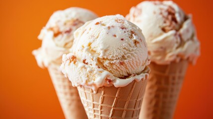 Poster - Sweet creamy ice cream scoops in crispy cones against a vibrant orange background showcasing a refreshing dessert treat.