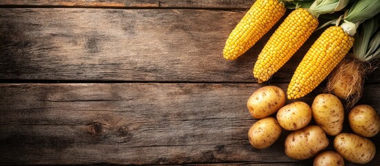 Poster - Corn and potatoes arranged on a rustic wooden table with ample empty space for creative text or branding applications.