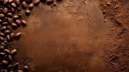 Poster - Cocoa powder and roasted cocoa beans on textured brown background with soft shadows and ample copy space for design and marketing purposes