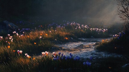 Fototapete - Crocus Flowers Blooming in Lush Green Grass with Soft Light and Gentle Mist in Serene Nature Scene