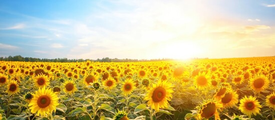 Poster - Sunflower Field at Sunset Beautiful Summer Landscape with Blue Sky and Space for Text